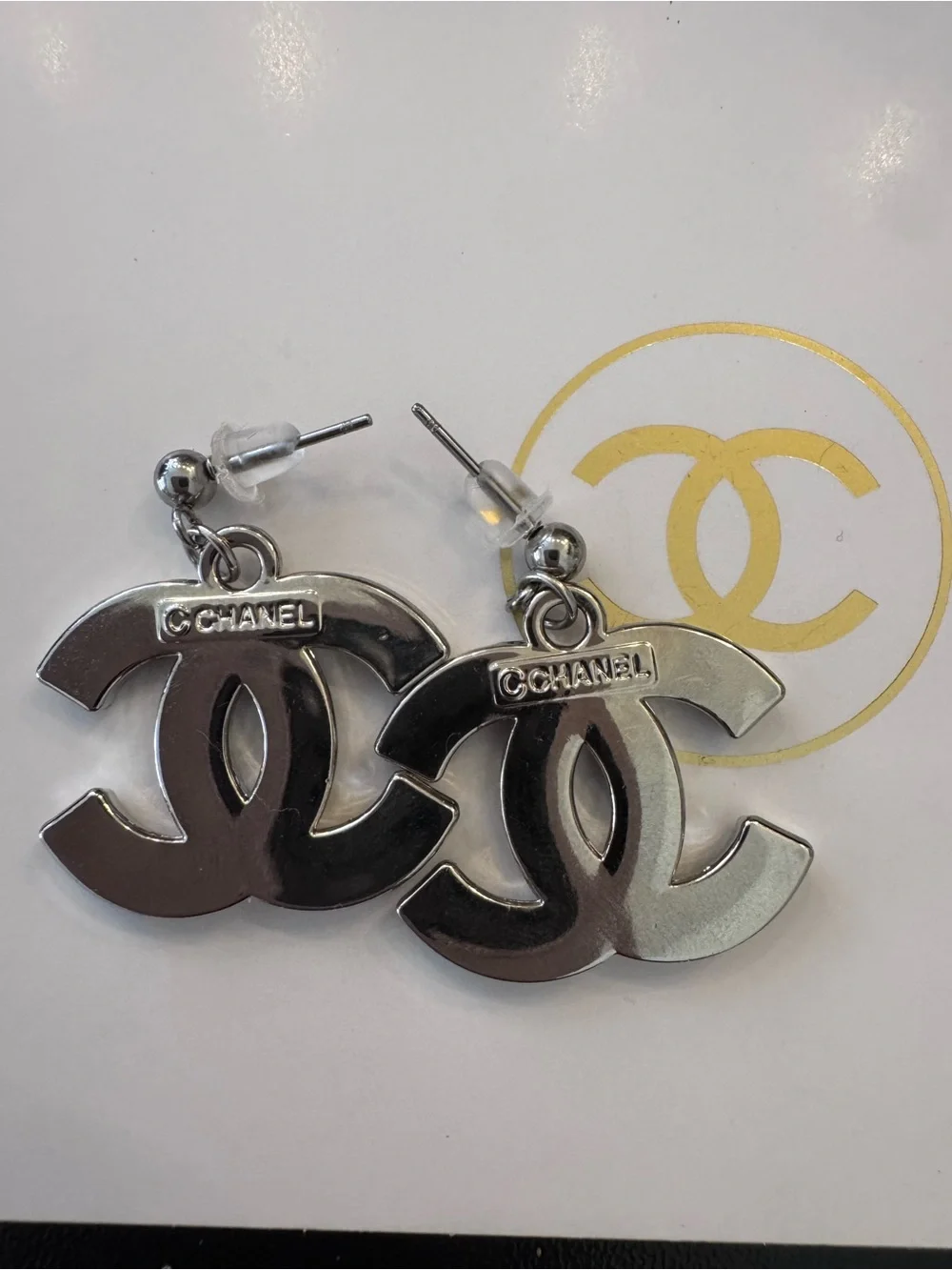 CHANEL Silver Oversized CC Logo Drop Earrings